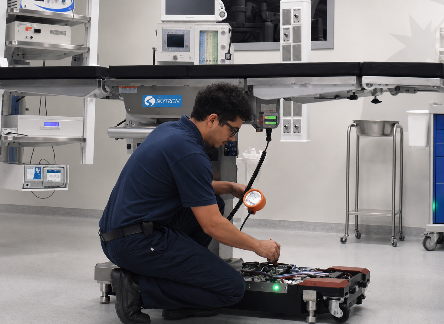 Field service technician performing preventive maintenance on surgical equipment